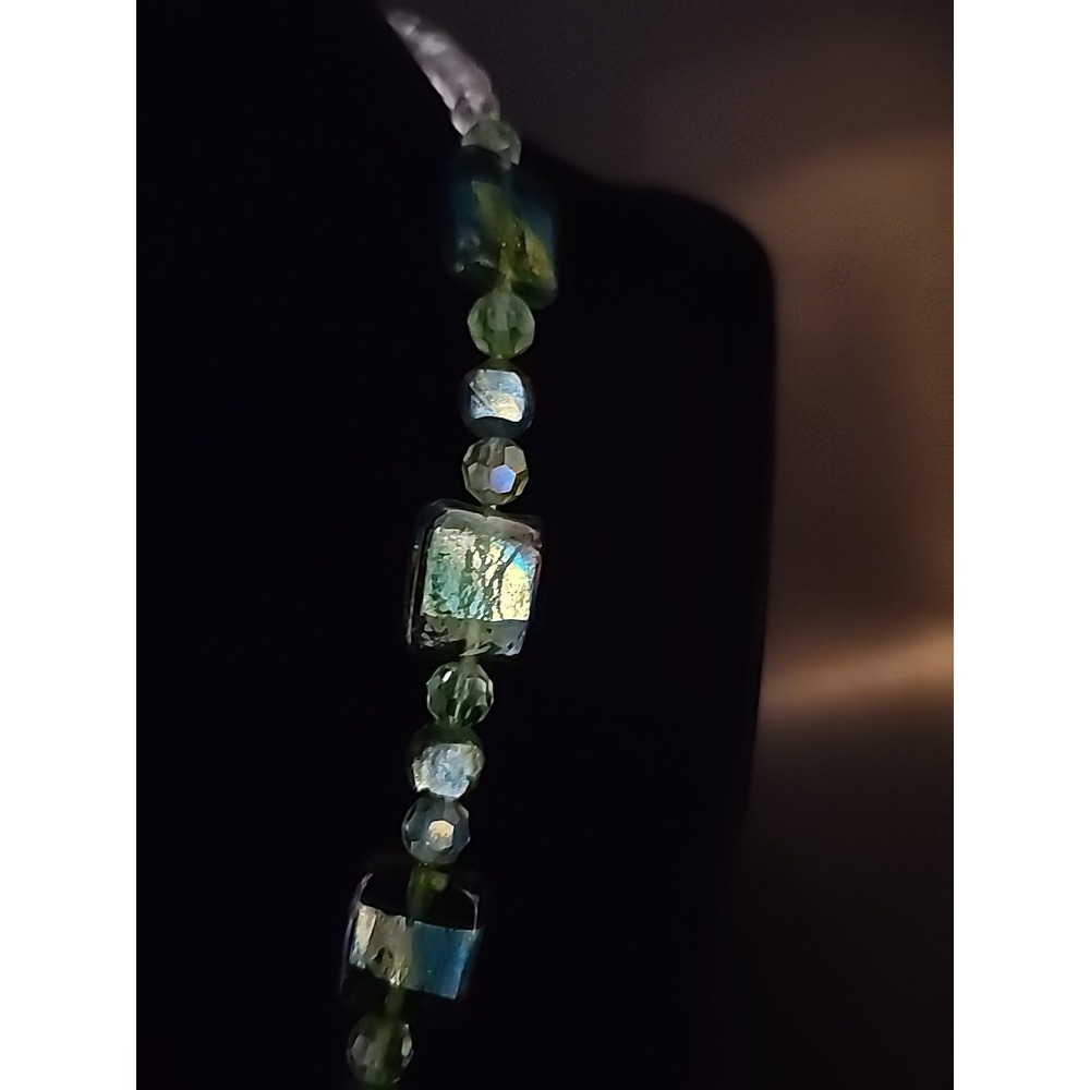 Vintage Handcrafted Art Glass Beaded Necklace Green, Blue, Metallic Foil 21" - Picture 7 of 16